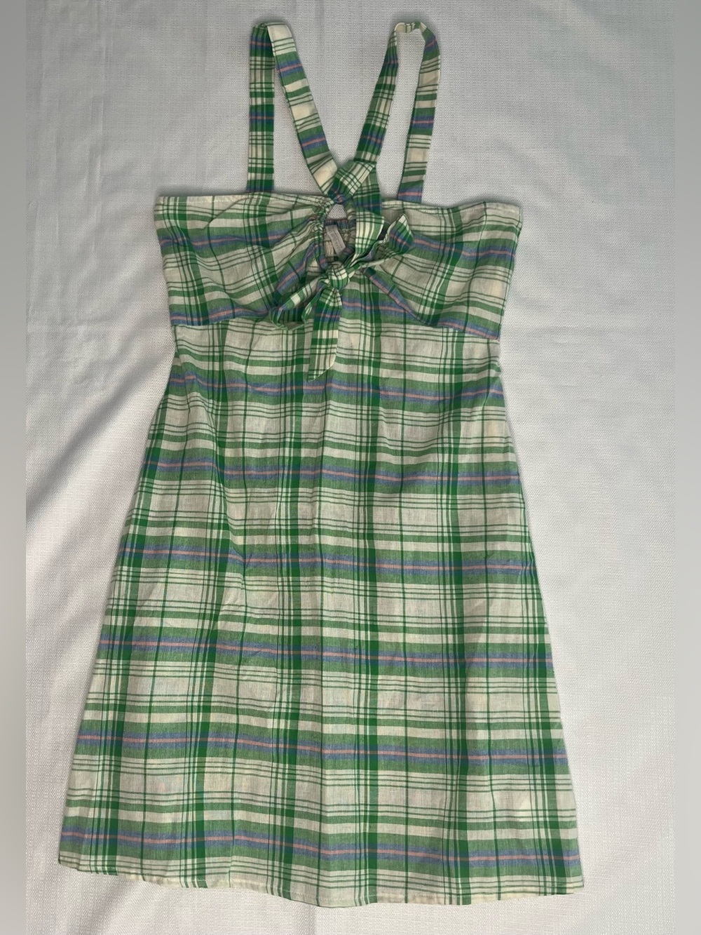 Urban Outfitters Green and Cream Plaid Sundress with Bow Front